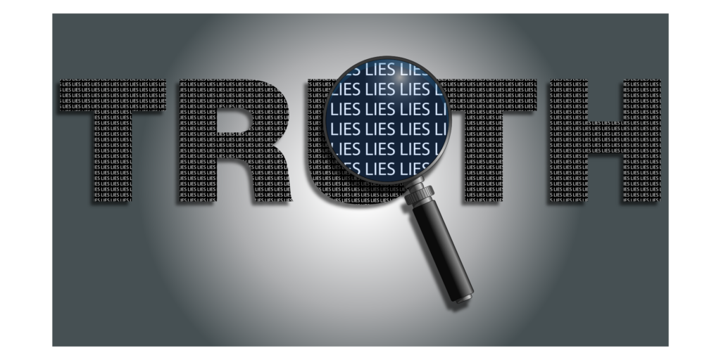 Graphic that says Truth, but under a magnifying glass is filled with the word Lies.