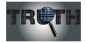 Graphic that says Truth, but under a magnifying glass is filled with the word Lies.