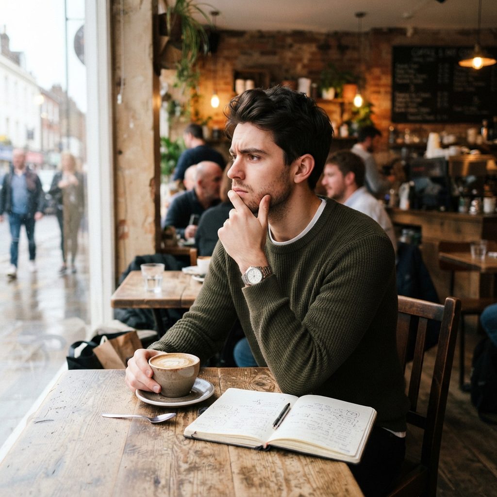 Man in coffee shop thinking.